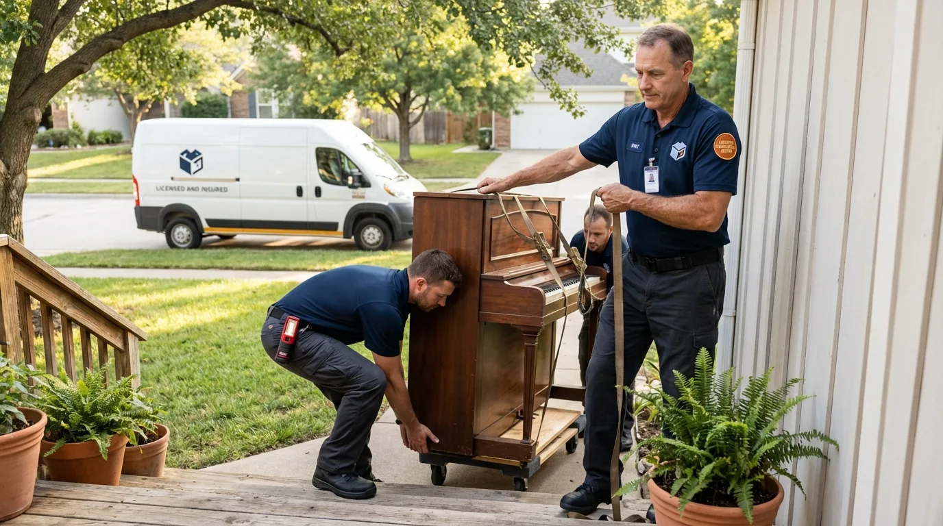 Licensed piano movers securing grand piano in Huntsville, AL