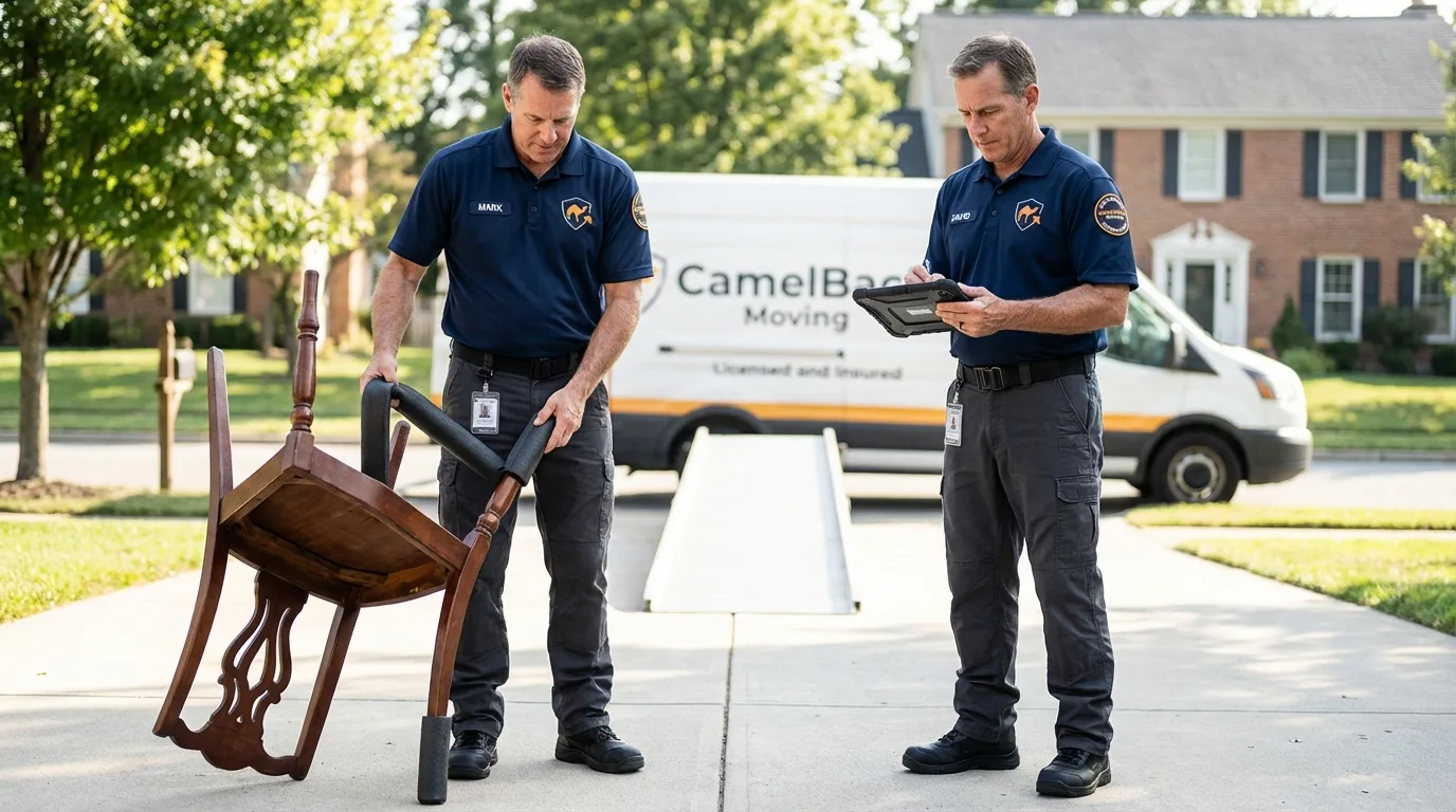 Movers inspecting furniture for damage prevention before loading in Huntsville, AL