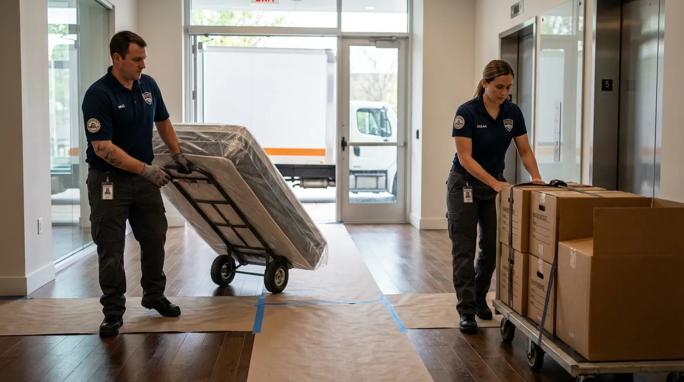 Professional apartment movers loading elevator in Huntsville, AL