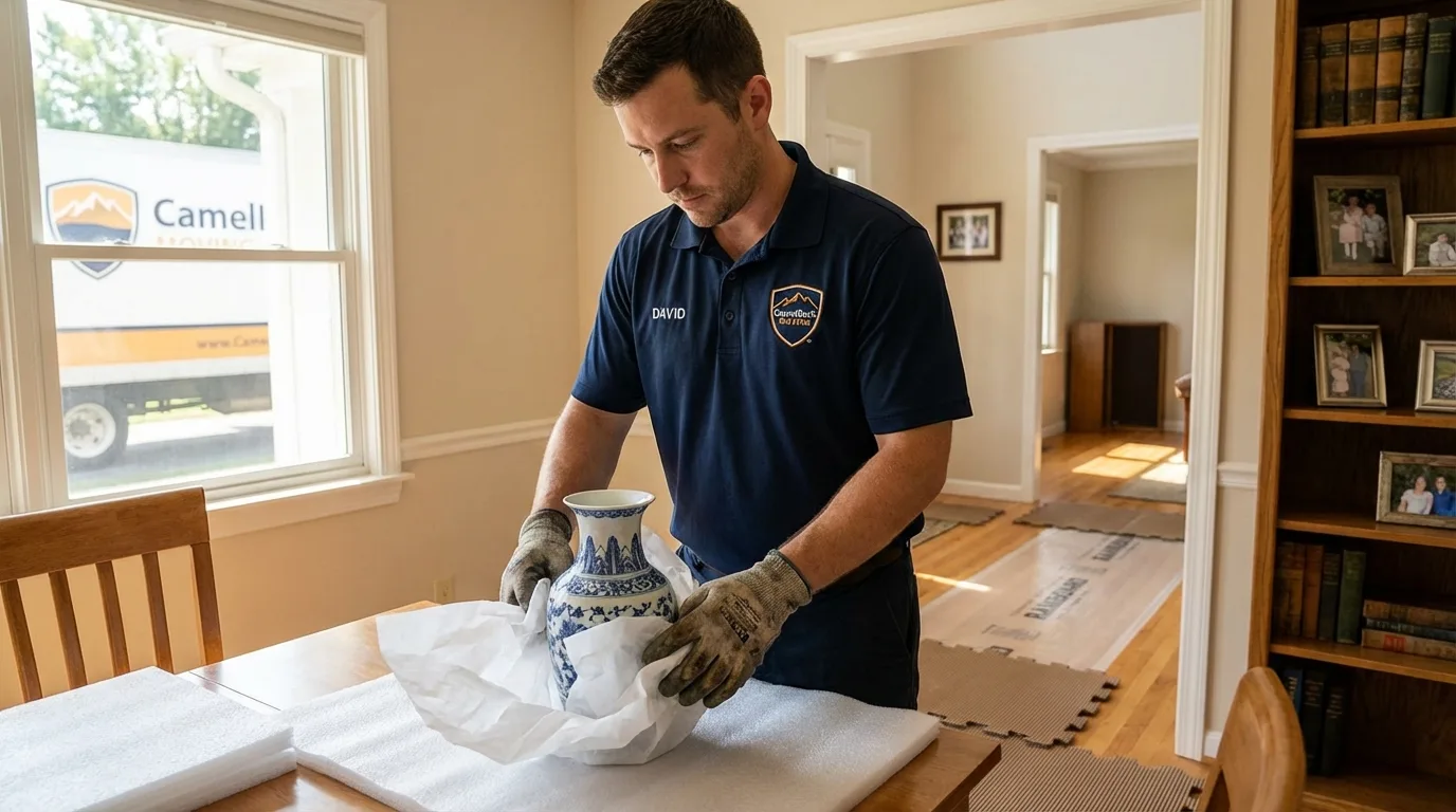 Professional crew carefully wrapping antique vase for senior downsizing move in Huntsville, AL